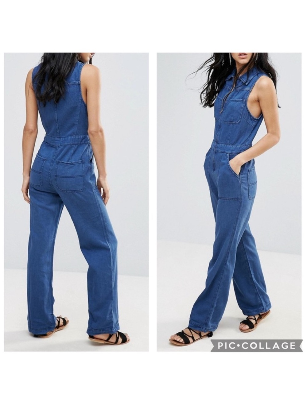 Free people the wind 70s style denim blue zipper front sleeveless jumpsuit